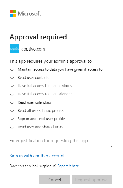Screenshot of consent prompt when the admin consent workflow is turned on.